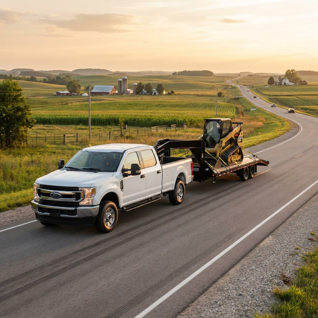 Heavy-duty pickup towing loaded 32-foot flatbed trailer on an open highway