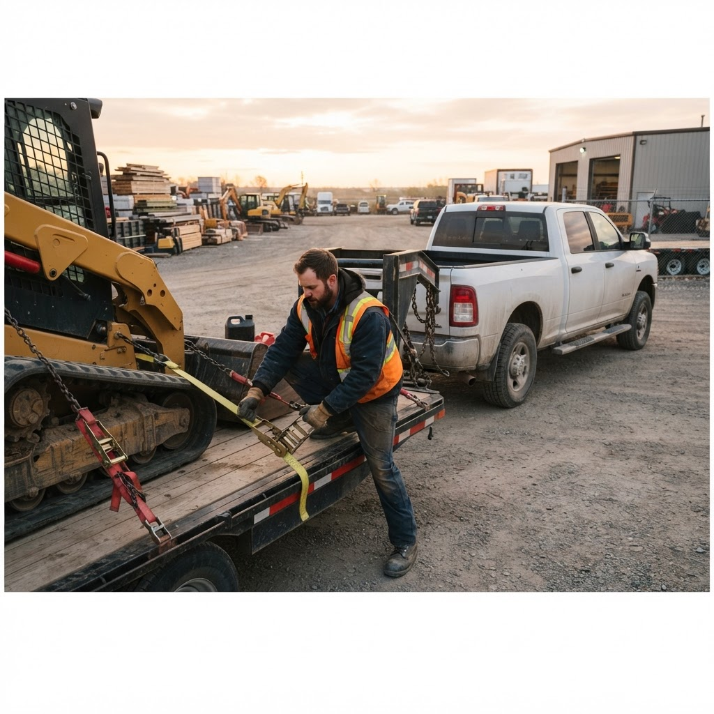 Driver securing equipment on a 32-foot flatbed trailer